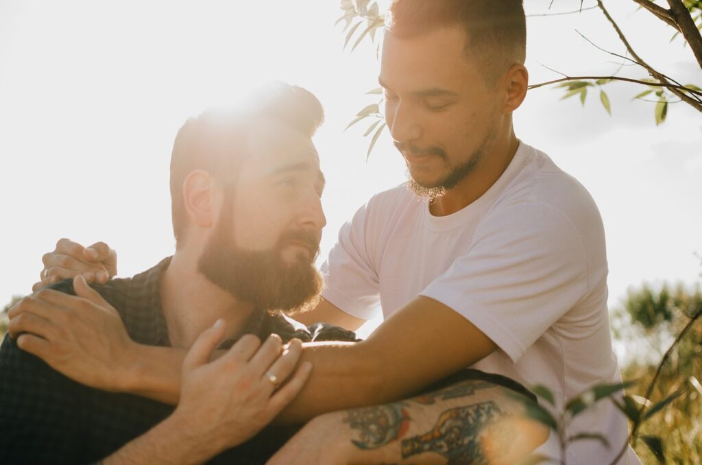 lovers, meadow, portrait, outdoors, nature, gay couple, couple, relationship, pride, lgbtqia, love, love is love, equal rights, hug, lgbtiqa, pride month, world pride
